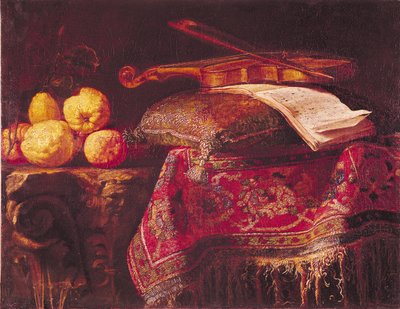 Stilleven van fruit en muziekinstrumenten door Antonio Pereda y Salgado